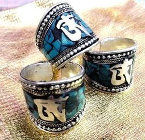 Old Tibet Silver Turquoise Ring Buddhism Religion Om Mani Padme Hum Mantra