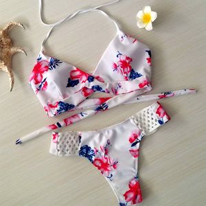 2017 New Sexy White Flower Print 2 Pieces Set Swimsuit For Women Halterneck Drawstring Bikinis With Low Waist Bottom