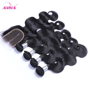 5 pcs Lot Indian Virgin Body onda com fecho 4 pacotes não processados ​​crus brutos virgem remy cabelo humano tece com 1 pc top lace fecho