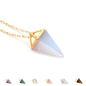 Целебный кристалл опал Pyramid Аметист Ожерелье Позолоченное покрытие WHLITE ROSE Кварц Амулет Натуральный Камень Кулон Ожерелье Коллер