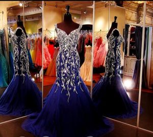 New Sexy Evening Bling Crystal Beaded Sweetheart Navy Blue Tulle Mermaid Sweep Train Prom Party Gowns Custom Dresses 0424