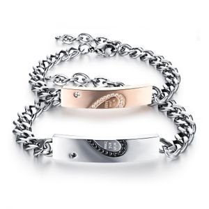 Delikat önskar gåva 316l Rostfritt stål Curb Chain Heart Real Love Matching Par Armband Smycken Med Kristall