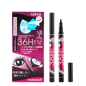 Yüksek kaliteli YANQINA 36 H Makyaj Eyeliner Kalem Su Geçirmez Siyah Eyeliner Kalem Hiçbir Blooming Hassas Sıvı Göz astar 12 adet / takım