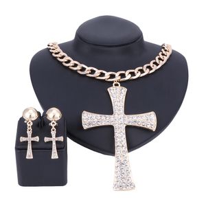 Ethiopian Cross Jewelry Set Gold Color Crystal Rhinestone Necklace Earrings Africa Wedding Gifts Bride Decoration Jewellery