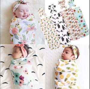 Infantil do bebê de gavetas Sack bebê Pineapple Floral Blanket Bebê recém-nascido de algodão macio Cocoon saco de dormir com correspondência Knot Headband 2pcs Set 10 St