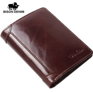Wholesale- BISON DENIM genuine leather wallet Men red brown vintage purse card holder men wallets dollar price Male Purse 4361