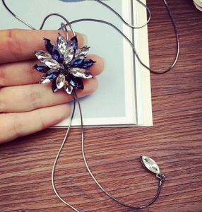 Korean Crystal Flower Tassel Pendant Necklace For Women Long Solid Petals White Blue Sweater Chain Fashion Jewelry