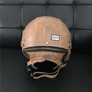 DOT Approved in America - Brand Motorcycle Scooter Half Face Leather Halley helmet Classic Retro brown helmets Casco & Goggles286R