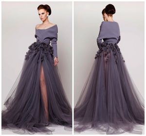 Off Shoulder Red Carpet Dress Hand Made Flower Long Sleeve Side Split Tulle Evening Dresses Azzi & Osta Fashion Sexy Sweep Train Party Dress