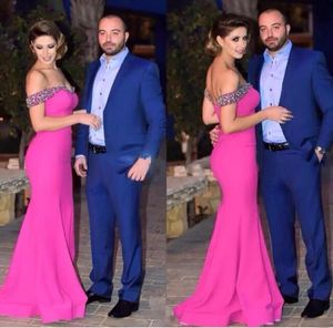 Modest 2018 Hot Pink Mermaid Long Evening Dresses Elegant Beads Crystals Off The Shoulder Formal Prom Gowns Free Shipping EN6292