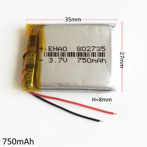 Modelo 802735 3.7 V 750 mAh Polímero De Lítio Li-Po Bateria Recarregável Para MP3 MP4 DVD PAD telefone móvel GPS power bank Câmera E-livros Recoder