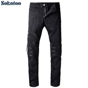 Wholesale- Sokotoo Men's black pleated ripped biker jeans Casual patchwork slim stretch denim pants Zipper long trousers