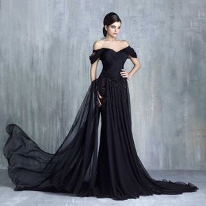 Evening Chaaye 2017 Tony Off Shoulder Black Tiered Ruffe Watteau Train Prom Dresses with Applique Back Zipper Custom Party Gowns