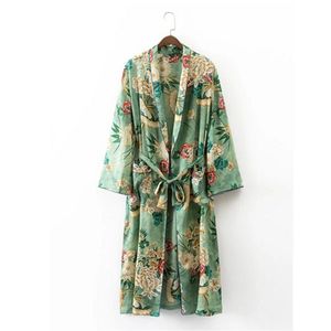 Partihandel-2017 Etnisk blomma tryck med sashes kimono skjorta retro nytt bandage cardigan blus toppar blusas chemise femme blusa