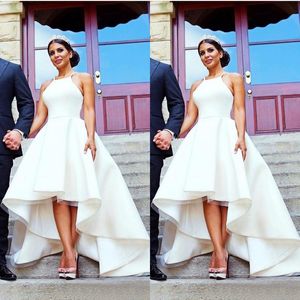 Arabic 2017 Ivory Satin High Low Wedding Dresses A-line Cheap Halter Criss Cross Back Beach Bridal Gowns Plus Size Custom Made EN7172