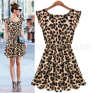 Partihandel-New Hot Sale Sexig Casual Women Dress Leopard Print Ärmlös Ruffles Vestidos Femininos Klänningar Tjej Sundress Kvinnor Kläder