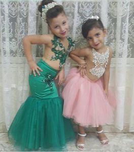 Grön sjöjungfrun spetssapplikationer flickor festklänning blommaklänning för bröllop baby nattvards klänningar pärlor barn tävling klänningar chea188q
