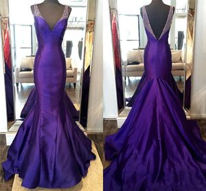 Real Image Purple Mermaid Prom Dresses 2017 Sexy Deep V Neck Beaded Satin Long Backless Dresses Floor Length Formal Pageant Party Gowns