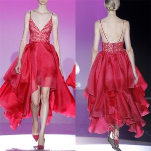 Deep V Neck Low Low Prom Dresses Red Spaghetti Straps Organza Ruffles Lace equin adgedless Sexy Celebrity Party Party Party