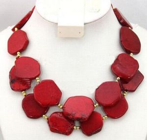 2 Strands 25-35mm Woman Red Turquoise Slice Stone Choker Necklace Gold Bead Mixed