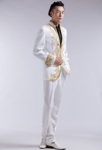 ブレザー卸売中国の結婚式の新郎タキシードスーツゴールド刺繍アップリケ白い男性白人男性スーツ男性スーツ結婚式の男性の金