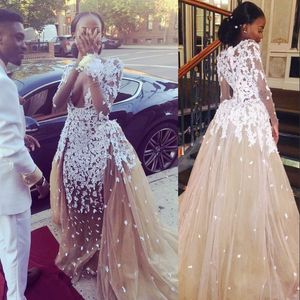 Oszałamiający Neckline Prom Dress Sexy Zuhair Murad Długie Rękawy Aplikacje Suknie Wieczorowe Szampan Tulle Mermaid Celebrity Party Dress