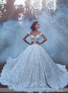 Luxury Ball Gown Wedding Dresses Off the Shoulder Full Lace Illusion Bodice Backless Bride Gowns Cathedral Train