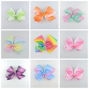 100pcs baby girl Jeweled Pastel ombre ribbon 18cm Signature hair bows clips Rainbow Rhinestone Dance Cheerleader Pageant Accessories HD3474