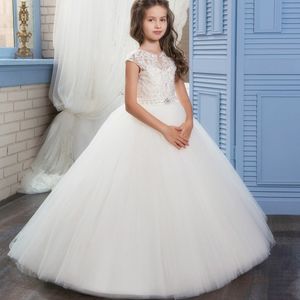 Puffy Ball Gowns Flower Girl Dresses for Weddings Spaghetti Straps Beaded Lace Appliques Little Girls Pageant Dress Tulle Floor Length