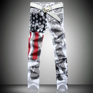 Wholesale- Mens Printed Jeans Plus Size Flag Printing Design White Jeans For Men Stars Striped Straight Ripped Jeans Male 36 Free Shipping