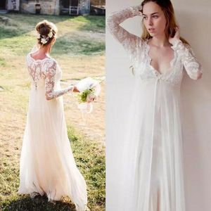 2017 Enkel Maternity Gravid Bröllopsklänningar Billiga V Neck Långärmad Illusion Tillbaka Chiffon Land Bohemian Bridal Gowns EN10101