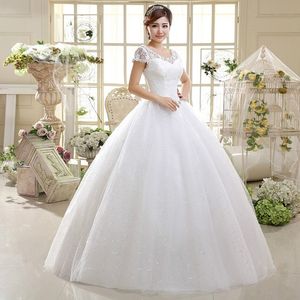 New Big Discount Ball Gown Beige/Red Short Sleeve Beads Organza Wedding Dresses 2017 New Lace Up Bridal Weding Gowns robe de mariage