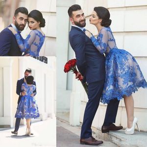 Royal Blue Saudyjska Arabia Prom Dresses Przeglądaj z Koronkowymi Aplikaami Długość Kolana Długie Rękawy Wieczór Party Suknie Homecoming Dress