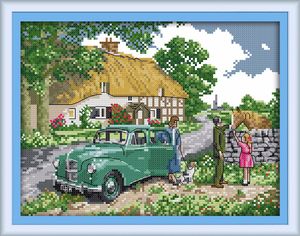 Carro de cenário de despedida, diy ocidental Cross Stitch Needlework Bordado kits, decoração pintura contados impressos em lona DMC 14CT / 11CT,