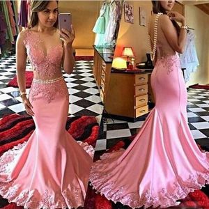 Charming Pink Mermaid Prom Dresses With Removable Pearls Belt 2017 Sheer Neck Lace Appliques Back See Through Evening Gowns Party Dress