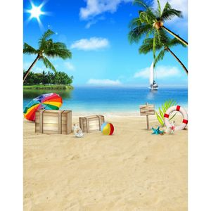 Blue Sky Seawater Beach Photography Backdrops Palm Trees Printed Umbrella Ball Drifting Bottle Kids Children Summer Holiday Photo Background