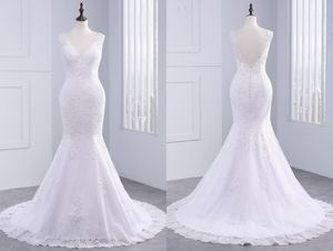 Modern V Neck Minmaid Bröllopsklänning Plus Storlek 2018 Öppna Back Lace Applique Country Train Vestido de Novia Bröllop Bridal Klänningar