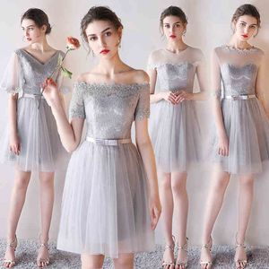Açık Gri Gelinlik Modelleri Diz Boyu Yumuşak Tül Çiçek Dantel Nedime Elbise Yaz Tarzı Düğün Parti Elbise Stokta Ucuz Hızlı Gemi