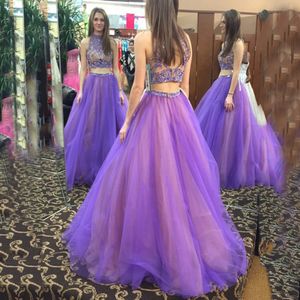 Blingbling Purple Two Piece Long Prom Dresses High Neck Beads Crystal Tulle Ball Gown Party Dress Hot Sale Prom Dress