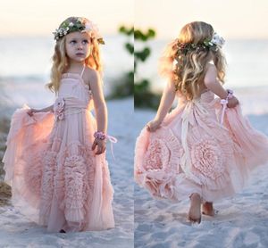 Lovely Beach Pink Lace Flower Girls Dresses For Weddings A-Line Ruffles Kids Pageant Dress Floor Length Tulle Birthday First Commonion Gowns 407