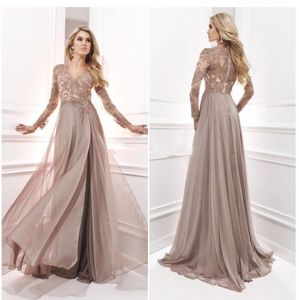 Gracioso uma linha de chiffon mãe dos vestidos de noiva V Apliques de fenda lateral de manga longa de pescoço de miçangas vestido de noite para mulheres264v