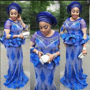 African Plus Size Evening Dresses Mermaid Royal Blue Jewel Peplum Pärlor Långärmad Prom Klänning Lång Aso Ebi Kvinnor Formell Party Gowns