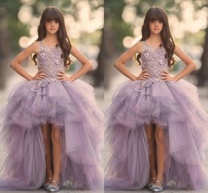 Abiti da spettacolo per ragazze color lavanda Abiti da spettacolo per ragazze senza maniche in pizzo per matrimonio Abito da comunione per bambini gonfi in tulle viola