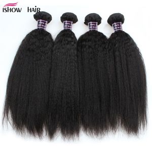 Ishow 8A Brazilian Kinky Straight 4 Bundles Weft 100% Virgin Human Hair Extension Yaki Straight Coarse for Women All Ages Jet Black 8-28 inch