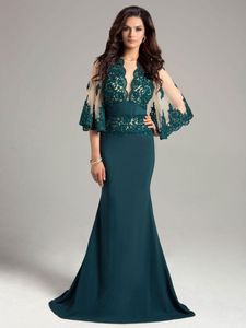 Elegante blaugrüne Spitze Meerjungfrau Kleider für die Brautmutter V-Ausschnitt, halbe Ärmel, Applikationen, Perlen, Pailletten, Hochzeitsgastkleid, lange Abendkleider