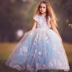 Sweetest Light-Blue Flower Girls Dress Modest Neckline Lace Korta Ärmar Appliques Organza Girls Pageant Klänning Härlig Tjejer Födelsedagklänning