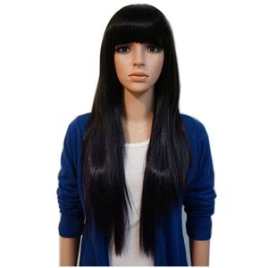 Czarny kolor kobiety peruka do cosplay dziewczyny moda proste długie włosy W-trim grzywka do włosów