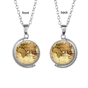 Retro World Map Time Gem Pendant Necklace double sided glass cabochon rotating sweater chain fashion jewelry for men women kid gift will and sandy