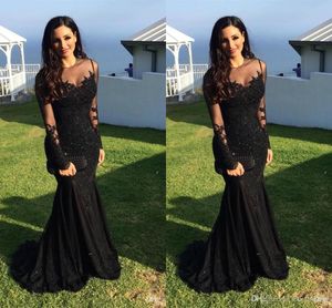 Suknie wieczorowe Nosić 2017 New Jewel Neck Illusion Black Szyfonowe Koronkowe Aplikacje Zroszony Prom Dress Syrenki Długie Rękawy Sweep Party Suknia