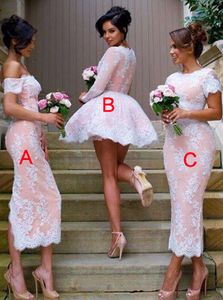 O-nacke kort ärm rosa och vit fotled längd brudtärna klänningar abc stil skräddarsydda fest klänningar